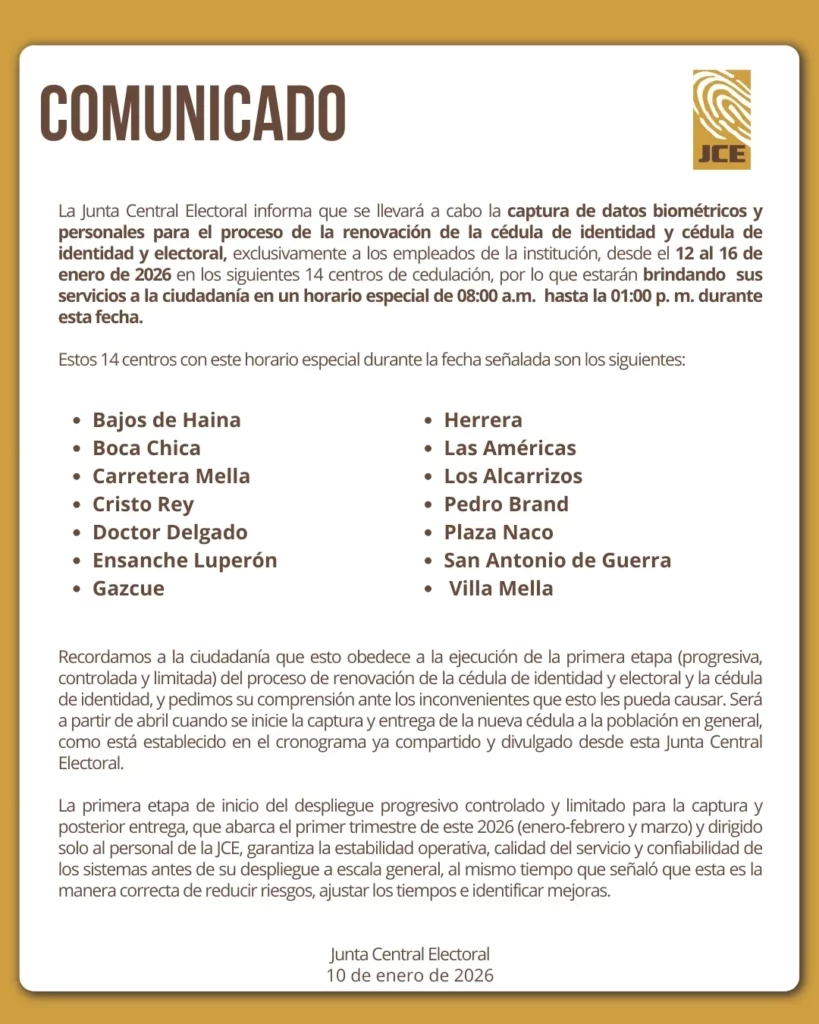 comunicadola junta central electoral informa que se llevará a cabo la captura de datos biométri