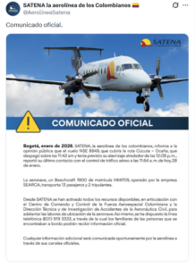 Avión de Satena es hallado accidentado sin sobrevivientes en Colombia