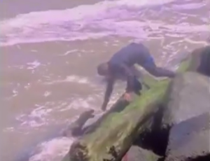 Policías rescatan perrito que cayó al mar en el Malecón