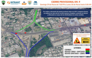 Anuncian desvíos por retiro del puente kilómetro 9 en la autopista Duarte