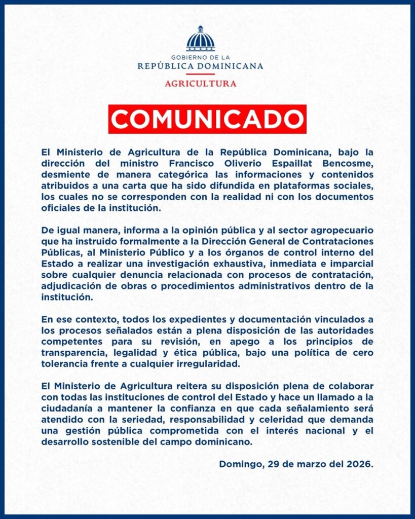 comunicado oficialel ministerio de agricultura de la república dominicana, bajo la dirección del