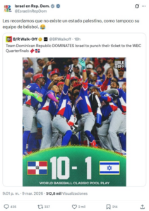 Israel y Palestina intercambian mensajes en redes tras triunfo de República Dominicana 10-1