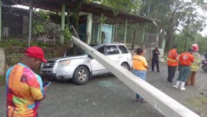 Lluvias y fuertes vientos derriban poste sobre vehículo en Santiago Rodríguez